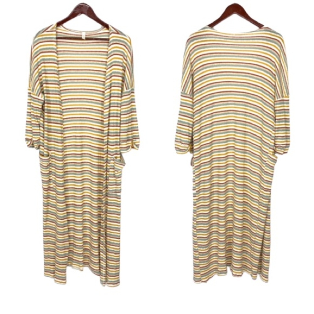 MTS Striped Open Front Retro Duster Cardigan Green Mustard Maroon Ivory Gray